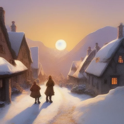 3673149476-the sun rises over farmers, woman and children in the street of small snowy village, mountains in the distance,  drawing, comic.webp